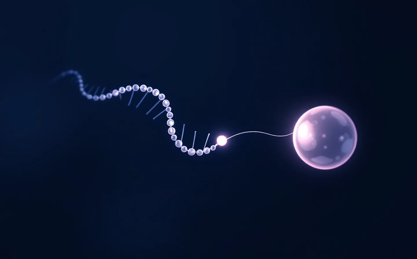 Elegant pink-on-ink editorial schematic of a long peptide-chain helix linking via a single hot-pink node to a large circular serum-albumin form, on a deep blue-ink ground